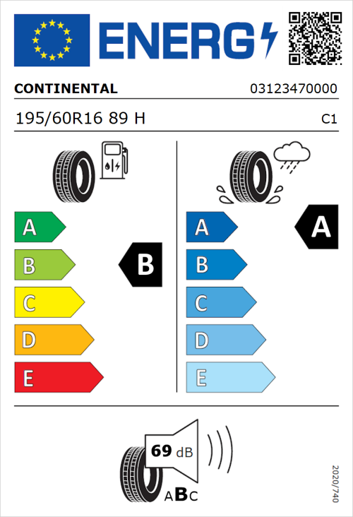 Tyre Label for Continental UltraContact 195/60R16 89H