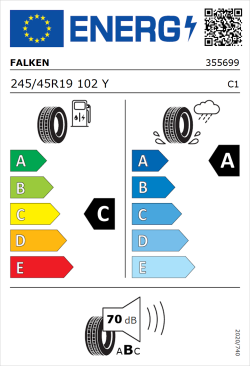 Tyre Label for Falken Azenis RS820 245/45R19 102Y