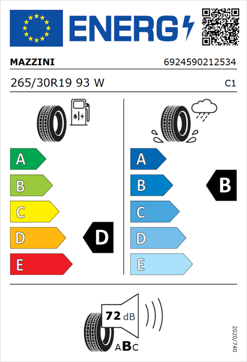 Tyre Label for Mazzini Eco 607 265/30R19 93W